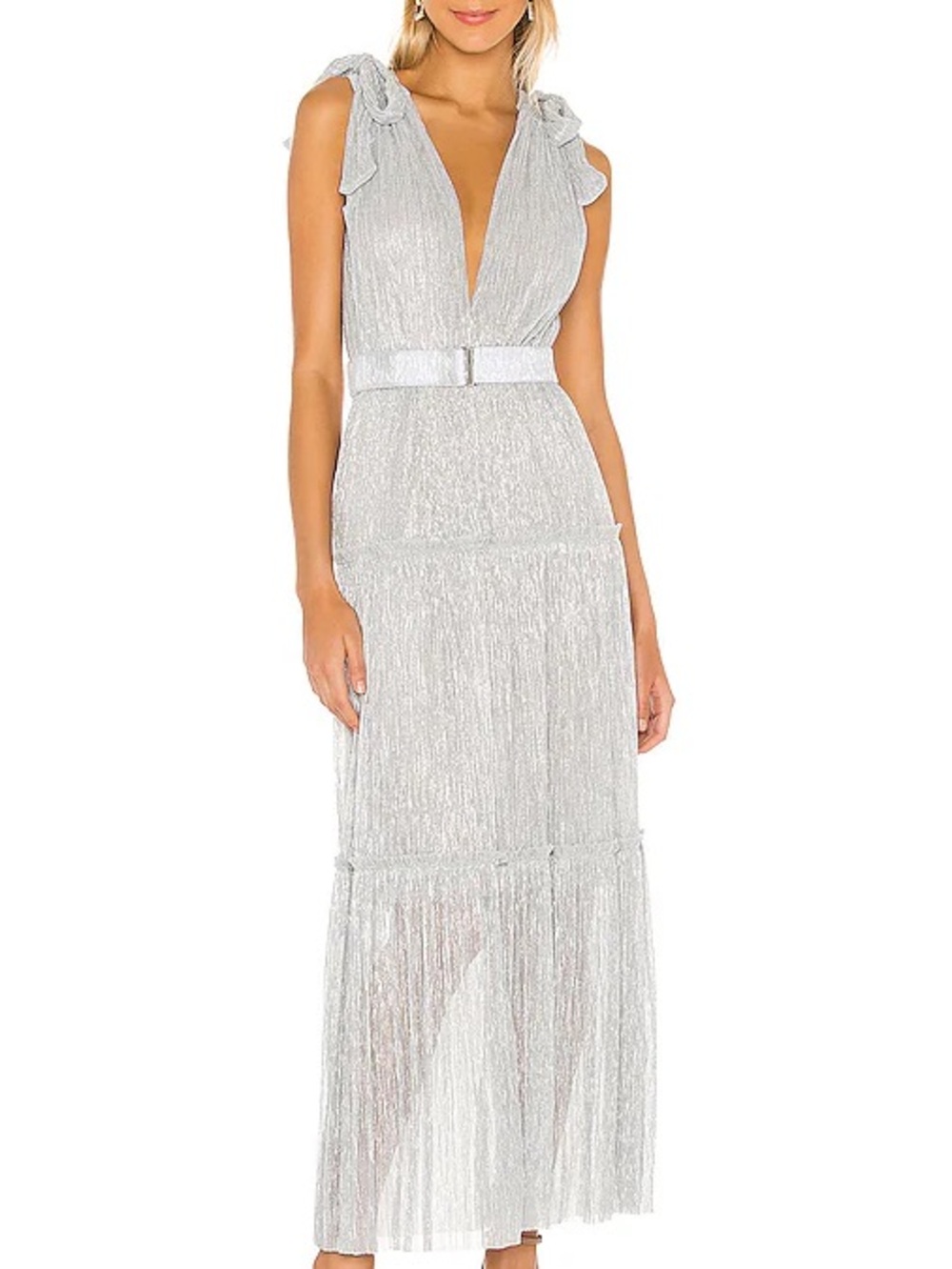 Sabina Musayev Silver Metallic Plunging Tiered Maxi Dress